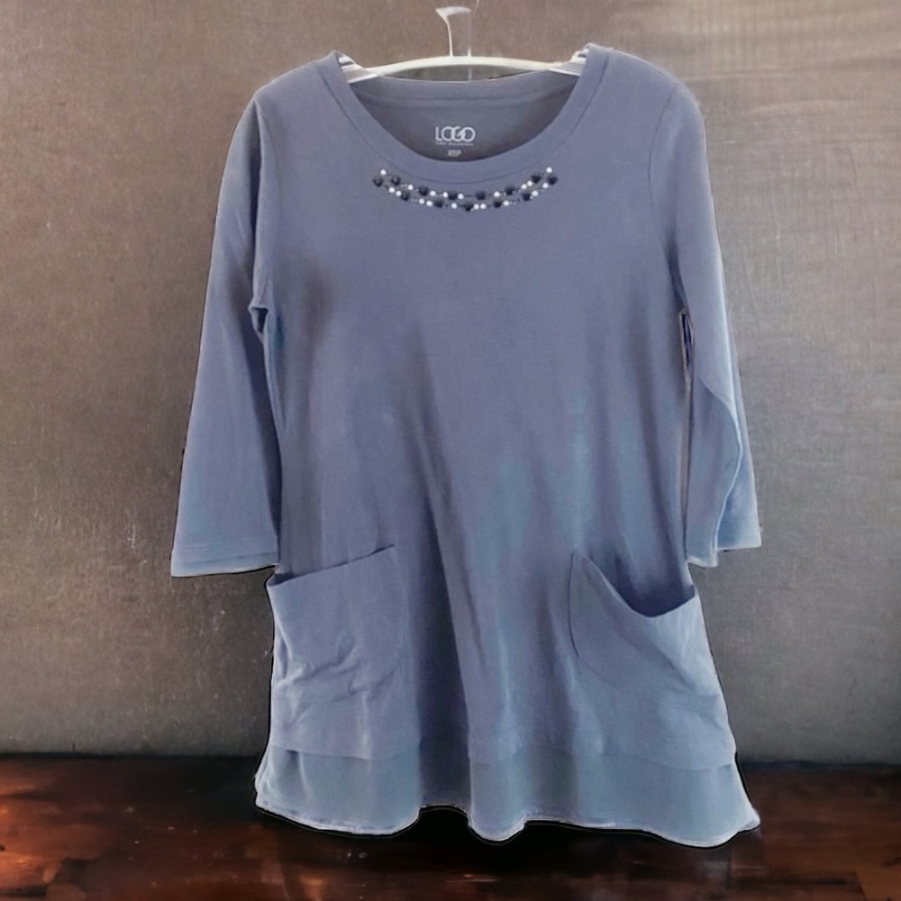 LOGO Lori Goldstein Womens Top Size XSP Gray 3/4 Sleeve Beaded Neck Pockets